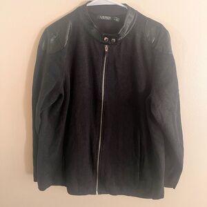 Men’s 2x lightweight dark gray jacket. With leather neckline and shoulders.